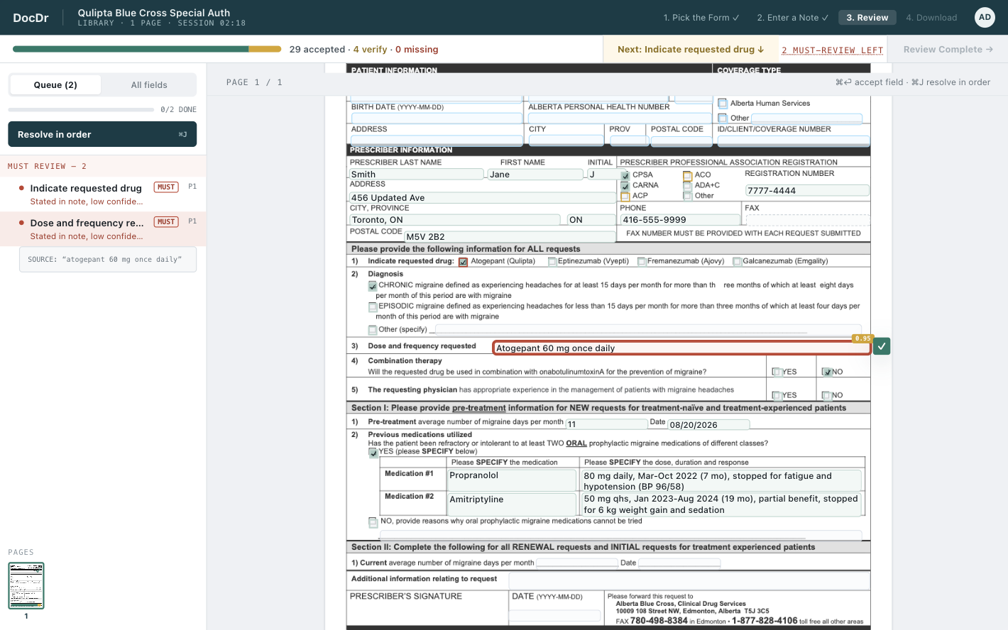 DocDr review screen: a drafted Alberta Blue Cross special authorization form with the review queue on the left and the selected field's supporting quote from the note